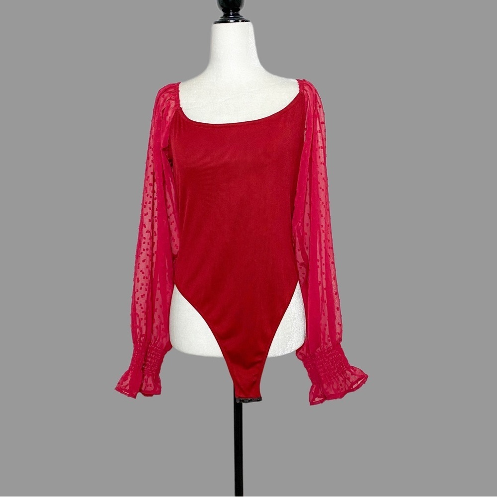💜 L 💜 NWOT Puffy Sleeve Tulle Embroidered Bodysuit